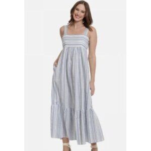 London Times Women's Dress Smocked Back Blue Stripe Maxi Plus Size 24 NWOT